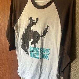 White & Brown Raglan Tee with Bucking Bronco Graphic